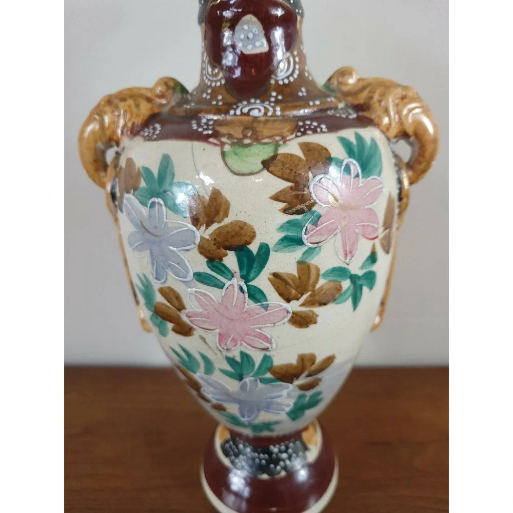 Vintage Japanese Satsuma Moriage Vase Floral Double Handle Hand Painted 12
